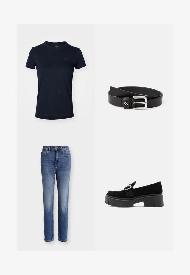 Marineblauwe t-shirt met korte mouwen, gemaakt van zachte stof. Heeft een ronde halslijn en een subtiele bedrukte logo aan de voorkant.; Midblauwe jeans met hoge taille en rechte pijpen, voorzakken, ceintuurlussen, knoopsluiting en subtiele vervaagde details op dijen en knieën.; Zwarte suède loafer met stevige profielzool, zilveren gespsluiting en geperst "HUGO" op de zijriem, weergegeven vanaf de buitenkant.; Zwarte leren riem met een gladde textuur, voorzien van een zilveren rechthoekige gesp en een kleine logo-accent. Klassiek en minimalistisch ontwerp.