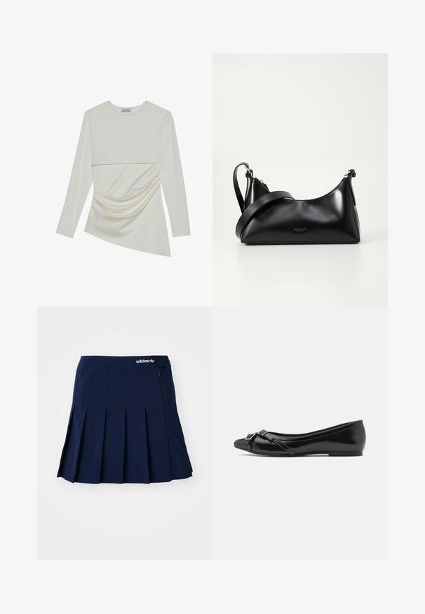 Lange mouw crème top met een ronde halslijn, voorzien van een gelaagd ontwerp en een gathered detail aan de onderkant. Zachte stof met een gladde textuur.; Marineblauwe plooienrok van lichtgewicht stof; heeft een elastische tailleband en een klein zipvak, met een wit Adidas-logo op de voorkant.; Zwarte gepatineerde leren ballerina's met een puntige neus, voorzien van kruislings gespen en een kleine zilveren sluiting aan de voorkant.; Zwarte leren handtas met een gladde textuur. Beschikt over een verstelbare schouderband en een strak, minimalistisch ontwerp met een ritssluiting.