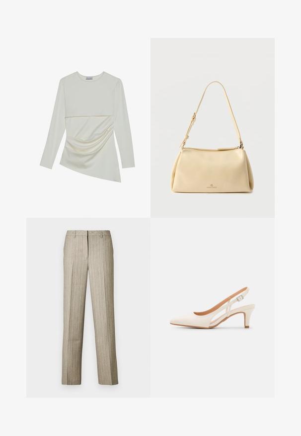 Langærmet bluse i cremefarve med en rund halsudskæring, der har et lagdelt design og rynkede detaljer i den nederste sektion. Blødt stof med en glat tekstur.; Beige bukser med nålestriber og et lige ben-design, der har en struktureret linning og en subtil tekstur i hele stoffet.; Hvide slingback hæle med spids tå, glat overmateriale, lav blokhæl og sideudskæringsdesign med justerbar spænderem.; Beige rektangulær skuldertaske med justerbar rem og lynlås, med en lille "Anna Field"-logo midt foran.