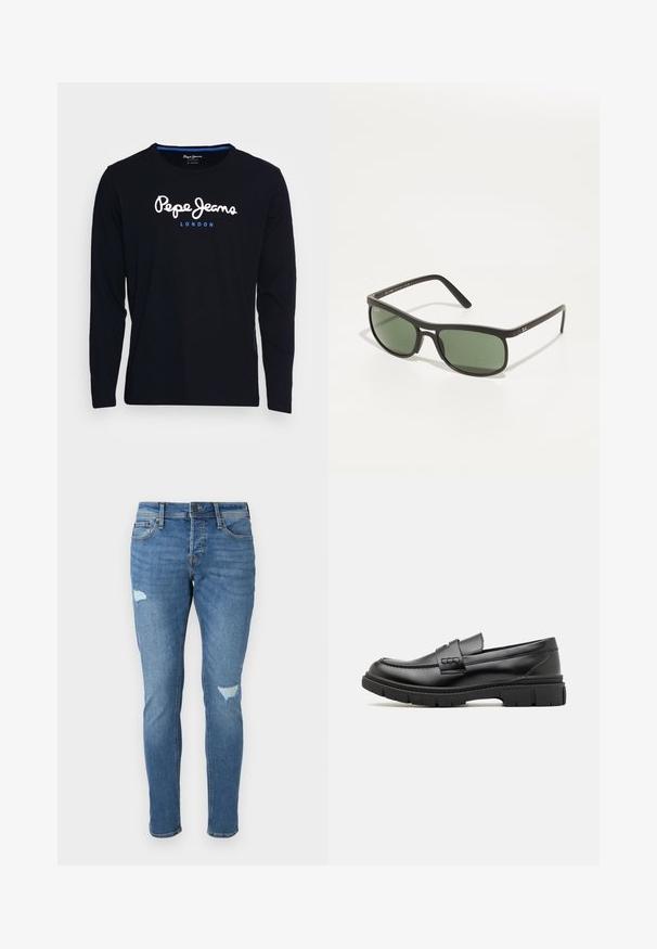 Langærmet sort t-shirt lavet af bomuldsstof, med hvid og blå logo tekst "Pepe Jeans London" centreret på brystet.; Fadede blå denim jeans med slim fit, der har slidte områder ved knæene, en knaplukning og fem-lomme design.; Sort læder loafersko med en bred rem over forfoden, gummisål med tykke mønstre og glat overflade. Klassisk, slankt design.; Sorte solbriller med grønne tonede linser, rektangulær form, glatte plastikrammer og subtilt logo-detalje på stængerne.