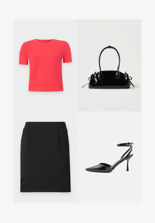 T-shirt à manches courtes en tissu côtelé doux de couleur corail vif. Doté d'un col rond et d'une silhouette ajustée.; Jupe crayon noire longueur genou avec une large ceinture et de subtils plis devant, faite en tissu lisse.; Escarpin noir à bout pointu avec fines brides de cheville et fermeture à boucle argentée sur fond clair uni.; Petit sac à main noir brillant avec deux longues anses et des détails à cordon sur les côtés sur un fond clair uni.
