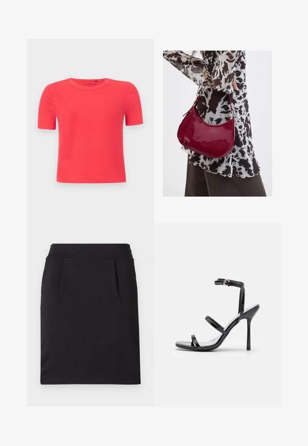 Camiseta de manga corta con tejido acanalado en color coral vibrante. Presenta un cuello redondo y una silueta ajustada.; Falda lápiz negra hasta la rodilla con una cinturilla amplia y sutiles pinzas frontales, hecha de tela suave.; Sandalias de tacón alto de charol negro con tres tiras horizontales y una correa en el tobillo ajustable. Silueta elegante y acabado brillante.; Mujer con blusa de estampado en blanco y negro sosteniendo un bolso de hombro rojo brillante sobre un fondo liso.