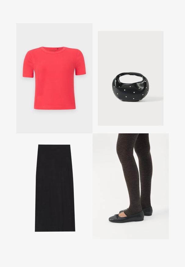 T-shirt à manches courtes en tissu côtelé doux de couleur corail vif. Doté d'un col rond et d'une silhouette ajustée.; Jupe midi noire en tissu doux et extensible. Présente une silhouette droite et une taille élastique pour un ajustement confortable.; Jambes portant des leggings côtelés foncés associés à des ballerines noires avec de petits détails en nœud sur fond blanc.; Sac à main en cuir noir de forme arrondie, décoré de clous argentés et équipé d'une poignée courte. Texture lisse et fermeture éclair.