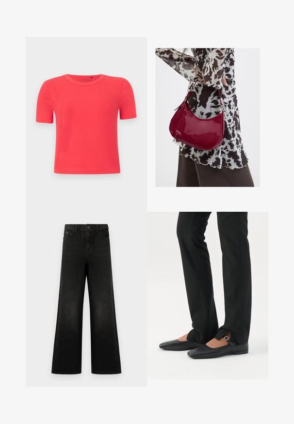 T-shirt à manches courtes en tissu côtelé doux de couleur corail vif. Doté d'un col rond et d'une silhouette ajustée.; Jean noir à jambes larges en denim, avec une fermeture à bouton sur le devant, des passants de ceinture et quatre poches, au toucher lisse et avec un léger délavage.; Jambes vêtues d’un pantalon slim noir avec des fentes à l’avant de l’ourlet, assorties à des chaussures plates Mary Jane noires avec une petite bride à boucle.; Femme portant un chemisier à motif noir et blanc tenant un sac à main rouge brillant sur un fond uni.