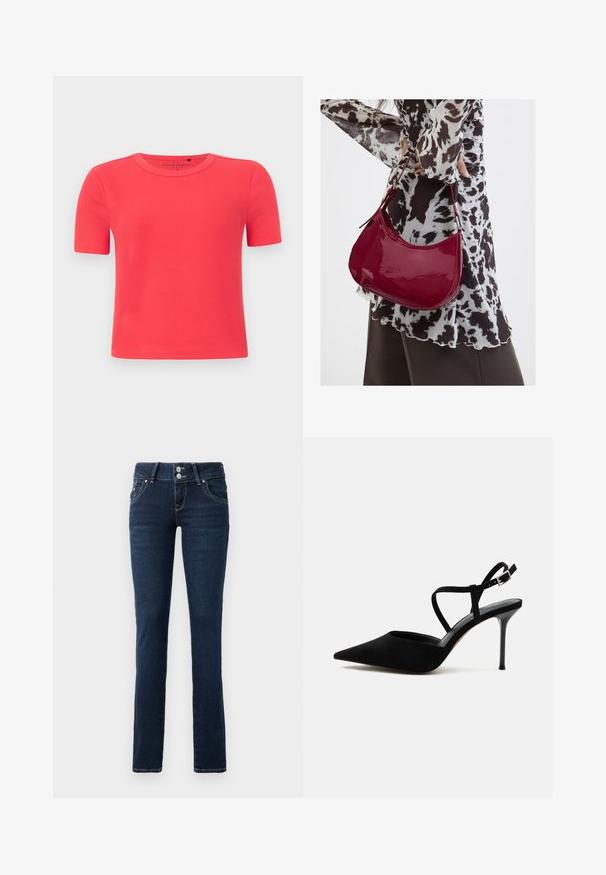 Kurzärmeliges, geripptes T-Shirt aus weichem Stoff in lebhaftem Korallton. Mit Rundhalsausschnitt und figurbetonter Silhouette.; Dunkelblaue Skinny-Jeans mit doppelt-knopfverschluss, Fronttaschen und gelben Nähten auf einem weißen Hintergrund.; Schwarzer High-Heel Schuh mit spitzer Spitze, dünnem Stiletto-Absatz und dünnen Knöchelriemen mit silberner Schnalle auf weißem Hintergrund.; Frau trägt eine schwarz-weiß gemusterte Bluse und hält eine glänzende rote Schultertasche vor einem einfarbigen Hintergrund.