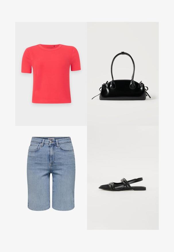 Kortærmet, ribstrikket t-shirt lavet af blødt stof i levende koralfarve. Har rund halsudskæring og en tætsiddende silhuet.; Lyseblå denimshorts med forlommer, bæltestropper, en metalknap og en lynlåslukning.; Even&Odd by Zalando Slingback-ballerinasko - black; Lille sort blank håndtaske med to lange håndtag og snøre-detaljer i siden på en ensfarvet lys baggrund.