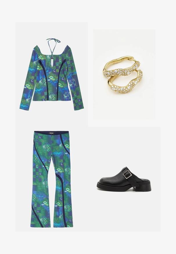 Langærmet top med dyb udskæring, prydet med abstrakte blå og grønne mønstre, snørremulighed bagpå og kontrasterende sorte detaljer.; Leggings lavet af multicolor strækstof med grønne og blå mønstre, der har geometriske former og mørkeblå accenter langs siderne.; Sorte lædertræsko med en tekstureret overflade, justerbar spændebånd og en kraftig hæl. Glat, afrundet tådesign med en solid sort sål.; Guldtonede hoops øreringe med et bølget design, der har indlagte klare ædelsten og en poleret finish. Glat tekstur med glitrende accenter.