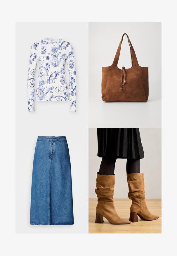 Chemise blanche à manches longues avec des motifs bleus complexes de fleurs, soleil, cœur, oiseau et créatures mythiques fantaisistes sur toute la surface du tissu.; Jupe midi en denim à coupe décontractée, avec une taille haute, un ourlet effiloché et une couleur bleu uni. Design simple sans ornements visibles.; Bottines en suédine marron, coupées à la cheville et à bouts pointus, avec des talons en bois empilés. Portées avec des collants noirs et une jupe noire plissée.; Sac fourre-tout en daim marron avec deux longues poignées, fermeture à cordon et texture lisse. Présente un design simple et des accents minimaux.