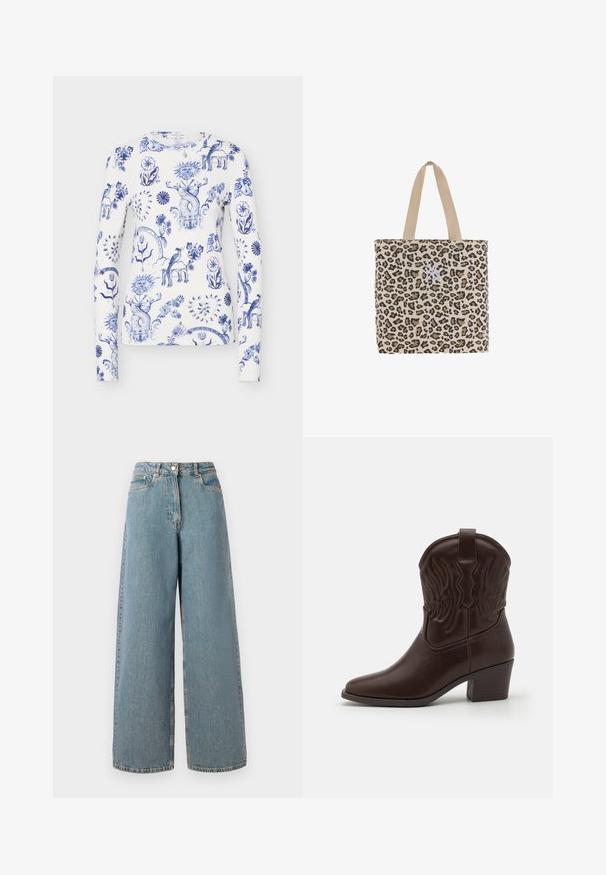 Witte lange mouw blouse met blauwe ingewikkelde bloem-, zon-, hart-, vogel- en speelse mythische wezenspatronen over de stof.; Hogewaisted, lichtblauwe wijdvallende denim jeans met een ritssluiting aan de voorkant, knoopsluiting en zakken aan de voorkant.; Bruine leren cowboylaarzen met spitse neuzen, geperste vleugelpatronen, een blokhak van gemiddelde hoogte en een lus aan de achterkant.; Beige totebag met luipaardprint en wit geborduurd New York Yankees-logo, voorzien van twee beige schouderbanden.