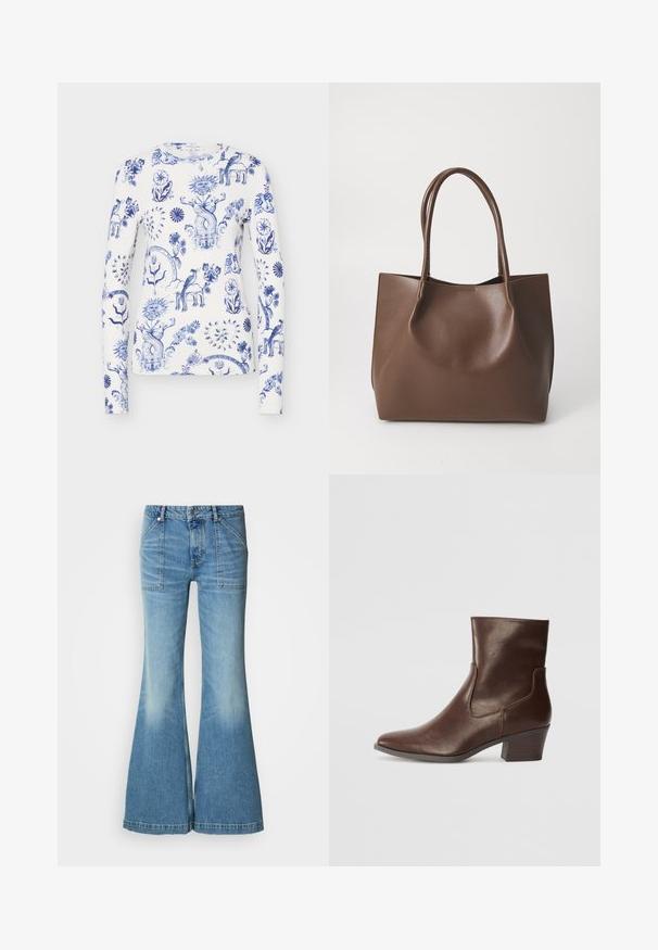 Hvid skjorte med lange ærmer med blå indviklede blomster-, sol-, hjerte-, fugle- og fantasifulde mytiske væsenmønstre over stoffet.; Lyseblå denim bukser med flare og høj talje. Indeholder to forlommer og falmende mønster langs benene. Bukseafsatsen er let frynset.; Brun læderankelstøvle med spids tå, mellemstor blokhæl og elastiske sider for nem påtagning. Glat tekstur og elegant design.; Brun læder tote taske med to lange håndtag, struktureret form, glat tekstur og minimalistisk design. Ingen synligt hardware eller accenter.