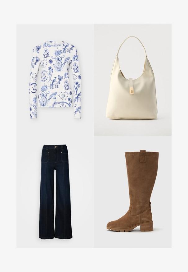 Chemise blanche à manches longues avec des motifs bleus complexes de fleurs, soleil, cœur, oiseau et créatures mythiques fantaisistes sur toute la surface du tissu.; Jean en denim à jambes larges de couleur bleu foncé. Dispose de poches avant, de quincaillerie dorée et de coutures contrastées. Texture lisse avec un design décontracté.; Tamaris Bottes - brown; Sac hobo en cuir couleur crème avec une seule bandoulière, texture lisse et un détail de fermoir doré à l'avant.
