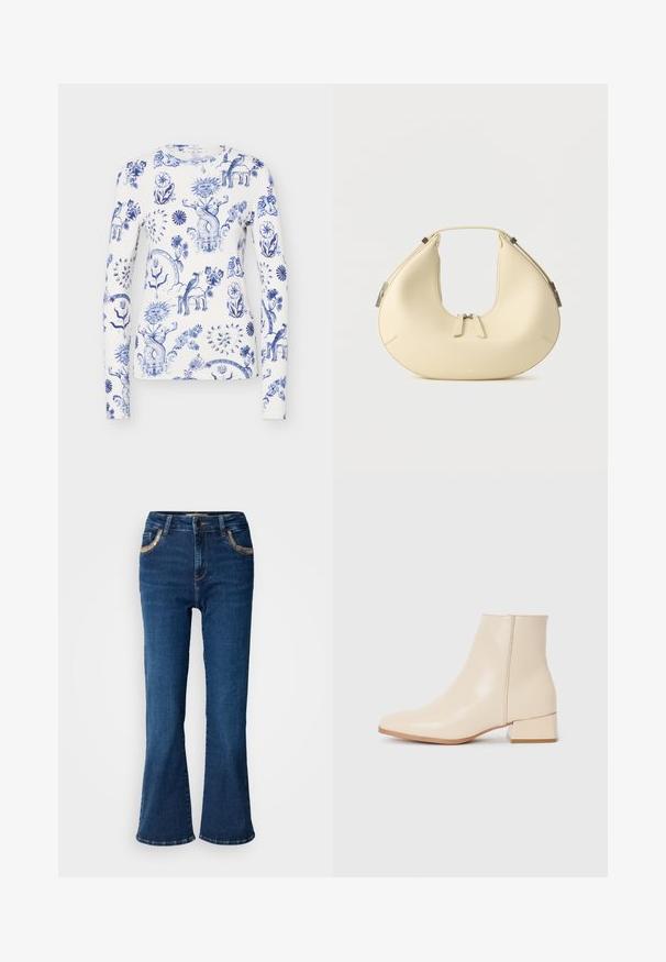Weißes langärmeliges Hemd mit blauen, filigranen Blumen-, Sonnen-, Herz-, Vogel- und verspielten mythischen Kreaturenmustern auf dem Stoff.; Dunkelblaue ausgestellte Jeans mit einer glatten Denim-Oberfläche, kontrastierender goldener Naht und Akzenten an den Fronttaschen. Klassisches Fünf-Taschen-Design.; Beige Ankle Boots aus glattem Leder mit spitzer Zehenform, kurzem Schaft und niedrigem, quadratischem Absatz. Minimalistisches Design ohne sichtbare Verzierungen.; Beigefarbene handtasche in halbmondform mit doppeltem reißverschluss und kurzem griff, mit silbernen metallakzenten an den seiten.
