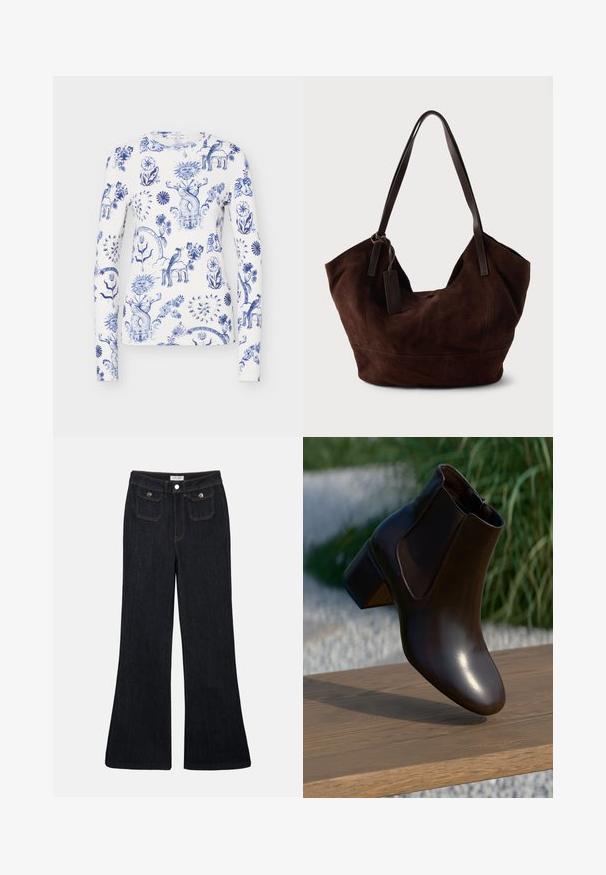 Valge pikkade varrukatega särk siniste keerukate lilleliste, päikese, südame, linnu ja mänguliste müütiliste olendite mustritega kogu kangal.; Mustad tume denim püksid, millel on kõrge vöökoht, kaks esikot ja oranž õmblus. Materjal näeb välja vastupidav ja sile.; Pruunist nahast pahkluu saapad ümmarguse varbaga ja madala plokknõelaga, millel on elastsed külgpaneelid ja sile, läikiv viimistlus.; Pruun suède käekott pehme ja volüümikas kuju. Omab nahkriiuleid ja sildi aksenti. Ükslane tekstuur koos kõverate õmblustega.