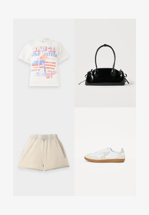 Witte katoenen t-shirt met een grafische print van een gitarist, de tekst "Bruce Springsteen" en een achtergrond van de Amerikaanse vlag in rood en blauw.; Lichtbeige katoenen shorts met een elastische tailleband, twee zijzakken en een losse pasvorm. De stof heeft een zachte textuur en een ontspannen vorm.; Witte sneakers met tan accenten, van suède en glad leer, met een ronde neus, platte gumrubber zool en een logo op de hiel.; Kleine zwarte glanzende handtas met twee lange hengsels en zijkant trekkoord details op een effen lichte achtergrond.