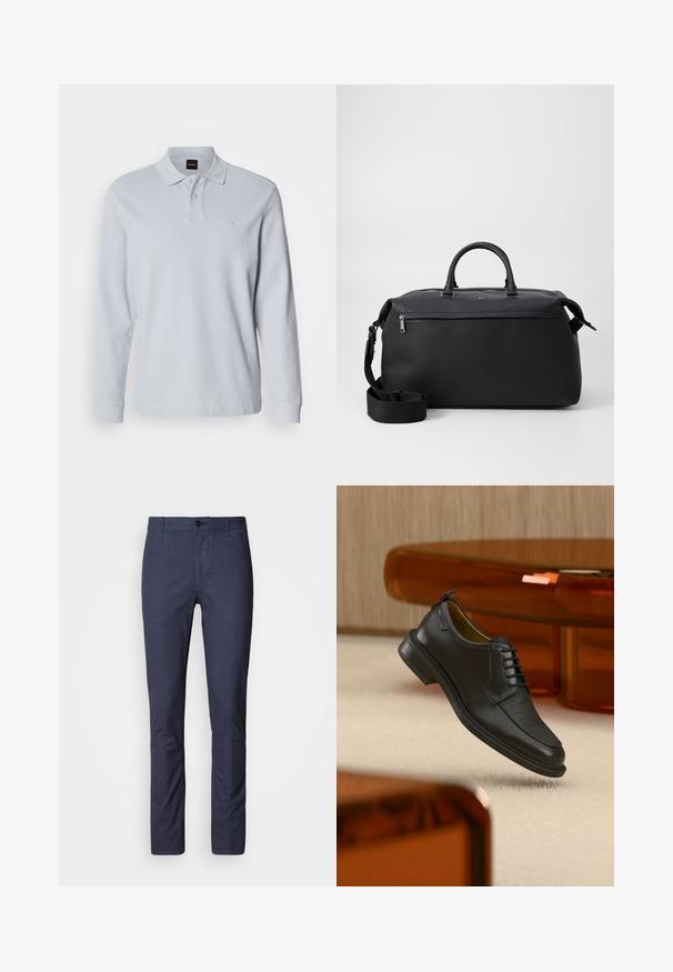 Polo à manches longues bleu clair en tissu côtelé, avec un col et une patte de boutonnage à trois boutons, orné d'une broderie de logo discrète.; Pantalon bleu marine slim avec un motif texturé subtil, doté d'une fermeture à bouton et de poches traditionnelles. Finition en tissu lisse.; Chaussure habillée noire en cuir à lacets avec devant texturé, flottant au-dessus d'un tapis beige dans une pièce moderne avec des meubles teintés d'ambre.; Sac de voyage en cuir noir avec deux poignées supérieures, une bandoulière amovible et une poche avant zippée pour un espace de rangement supplémentaire.