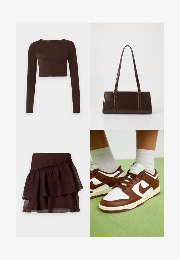 Hnedý dlhý rukáv cropped top vyrobený z hladkého materiálu, s okrúhlym výstrihom a priliehavým strihom. Bez viditeľných vzorov alebo akcentov.; Tmavohnedá mini sukňa s vrstvami, asymetrickým volánikom a akcentmi z priehľadného materiálu.; Hnedé a biele kožené tenisky s perforovanou špičkou, textúrovanými akcentmi a plochými šnúrkami. Model má nízkoprofilový dizajn a gumovú podrážku.; Hnedá lakovaná kožená kabelka s obdĺžnikovým tvarom, dvoma dlhými rúčkami a jemne zakrivenými akcentami na prednej strane.