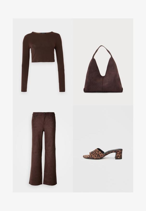 Top croppé à manches longues marron, fabriqué dans un matériau lisse, avec un col rond et une coupe près du corps. Pas de motifs ou d'accents visibles.; Pantalons évasés marron en tissu doux semblable à du daim. Comprend quatre poches, une fermeture à bouton et une surface lisse et texturée.; Mules à talons hauts en imprimé léopard avec une large bande supérieure, bout ouvert et un tissu texturé. Design à talon bloc et semelle noire contrastante.; Grand sac à main en cuir marron avec une texture tissée et une seule bandoulière, présenté sur un fond clair uni.