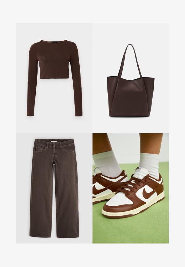 Hnedý dlhý rukáv cropped top vyrobený z hladkého materiálu, s okrúhlym výstrihom a priliehavým strihom. Bez viditeľných vzorov alebo akcentov.; Hnedé rovné riflové nohavice s prednými vreckami, mincovým vreckom, pútkami na opasok a dvojitým zapínaním na gombíky v páse.; Hnedé a biele kožené tenisky s perforovanou špičkou, textúrovanými akcentmi a plochými šnúrkami. Model má nízkoprofilový dizajn a gumovú podrážku.; Hnedá taška cez rameno vyrobená z hladkého materiálu, s veľkou prednou kapsou, dvoma uchami a zjednodušeným, štruktúrovaným dizajnom.