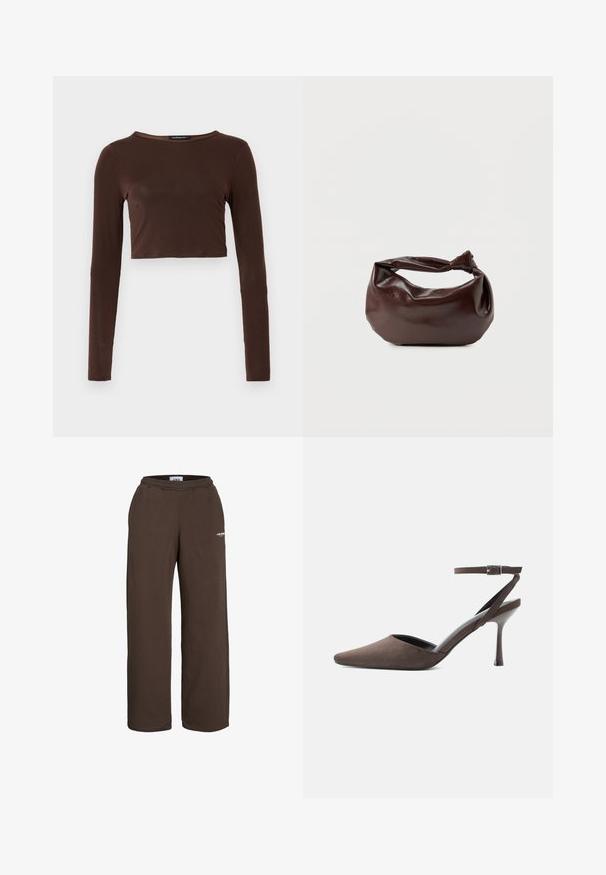 Brauner, langärmeliger, verkürzter Oberteil aus glattem Material mit einem runden Ausschnitt und figurbetontem Design. Keine sichtbaren Muster oder Akzente.; Braune Sweatpants mit weitem Bein, elastischem Bund und kleinem weißem Textlogo am oberen Oberschenkel vor weißem Hintergrund.; Brauner Veloursleder-Pumps mit spitz zulaufender Spitze, dünnem Knöchelriemen und silberner Schnalle vor weißem Hintergrund.; Dunkelbraune Lederschultertasche mit weicher, lockerer Form und einem gedrehten Knotengriff vor schlichtem weißem Hintergrund.