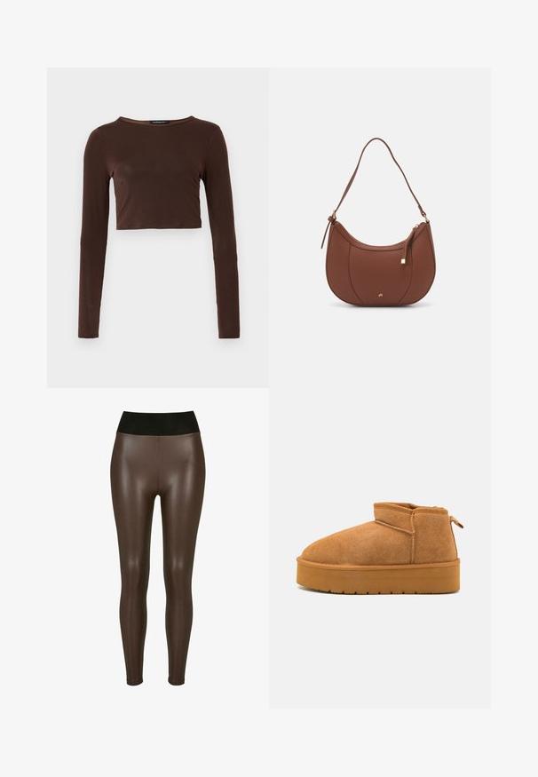 Brauner, langärmeliger, verkürzter Oberteil aus glattem Material mit einem runden Ausschnitt und figurbetontem Design. Keine sichtbaren Muster oder Akzente.; Braune leggings aus Kunstleder mit einem hohen schwarzen Bund, die eine glatte, glänzende Oberfläche und ein eng anliegendes Design bis zum Knöchel aufweisen.; Braune Wildlederstiefeletten mit runder Spitze, niedrigem Schnitt und einer strukturierten Gummisohle, die eine leichte Plattform und eine Ziehlasche aufweist.; Braune Kunstleder-Schultertasche mit geschwungener Form, minimaler Naht und goldfarbener Hardware-Akzent. Verfügt über einen oberen Reißverschluss und einen verstellbaren Trageriemen.