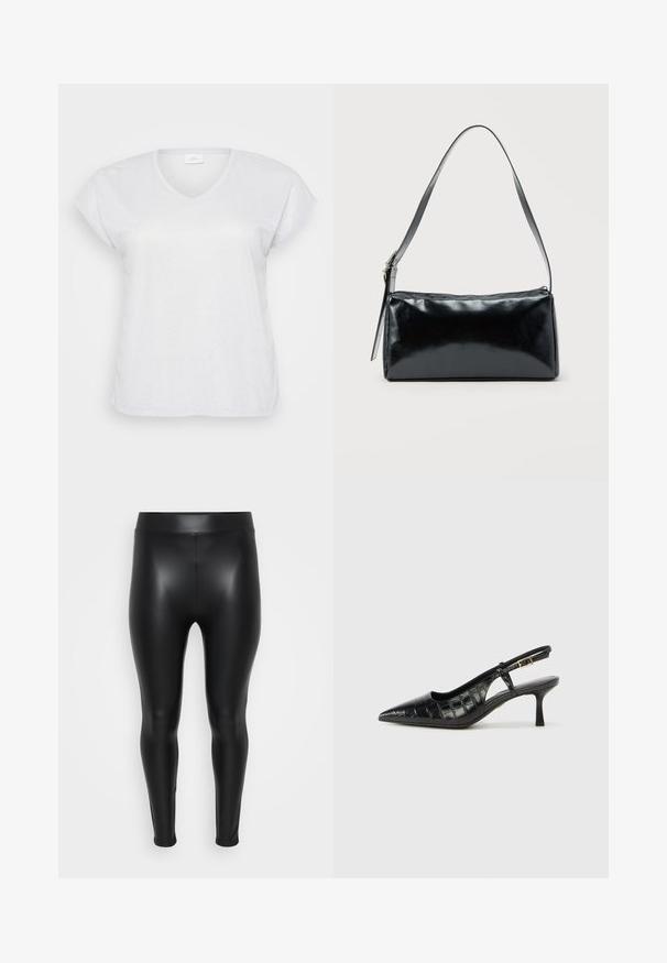 Weißes, kurzärmliges V-Ausschnitt-T-Shirt mit einem subtilen Schimmer-Effekt, das einen lässigen Schnitt aufweist und keine sichtbaren Muster oder Akzente hat.; Schwarze Leggings aus einem glatten, glänzenden Material. Hoher Bund, enganliegendes Design und keine sichtbaren Nähte oder Muster.; Schwarze Slingback-Absätze mit spitzem Zeh und einem strukturierten, krokodilpräge Muster. Enthält einen schmalen Knöchelriemen und einen kleinen Absatz.; Schwarze rechteckige Schultertasche mit einem verstellbaren Riemen und einem oberen Reißverschluss vor einfachem Hintergrund.