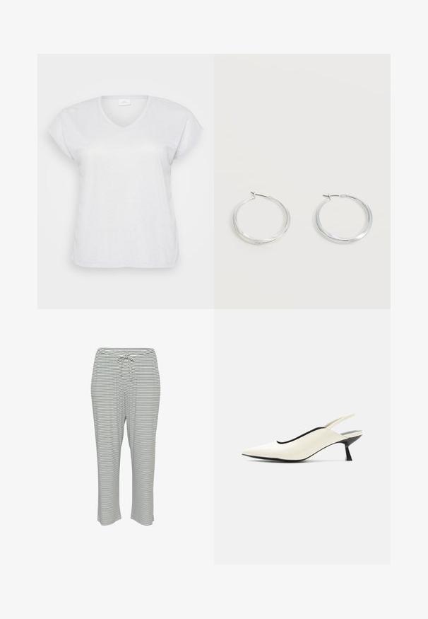 T-shirt blanc à manches courtes et en V avec une texture scintillante subtile, offrant une coupe décontractée et sans motifs ni accents visibles.; Pantalons de pyjama rayés avec une taille élastique et un cordon de serrage, fabriqués en tissu doux. Motif de couleur : rayures horizontales blanches et noires.; Chaussure slingback pointue couleur crème avec petit talon noir style escarpin bas et finition en cuir lisse sur fond blanc.; Boucles d’oreilles créoles en métal argenté avec une surface lisse légèrement incurvée et des fermoirs à clapet sur un fond blanc uni.