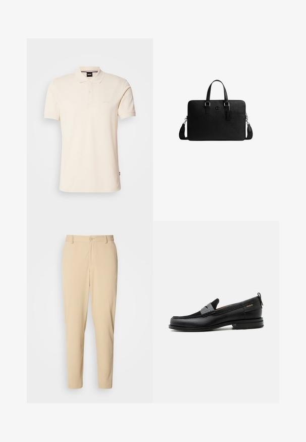 Beige polo-shirt lavet af bomuld, med krave og to-knaps placket. "BOSS" logoet broderet på brystet, korte ærmer, enkelt design.; Beige bukser med struktur i slim fit, med knaplukning foran, bæltestropper og sidelommer. Glat stoffinish.; Sort læderloafer med grå remdetalje, lav hæl og tekstureret sål, mærket med "HUGO" i guld på siden.; Sort lædermappe med to håndtag, aftagelig skulderrem og et lille hængende mærke på en hvid baggrund.