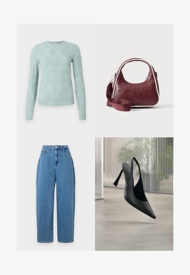 Lyseblå langærmet skjorte med struktureret blomsterdesign, rund halsudskæring og figursyet snit. Fremstillet af blødt, elastisk stof.; Lyseblå denimbukser med lige ben, høj talje og lukning med frontknap. Har fem lommer og minimale syninger.; Sort læder slingback stilet hælsko med spids tå, svævende over en glat beton gulv og vertikal metal panel baggrund.; Mørkerød vævet lædertaske med buet hank, hvid kant, sølv lynlås og aftagelig bred stofskulderrem mod en ensfarvet baggrund.