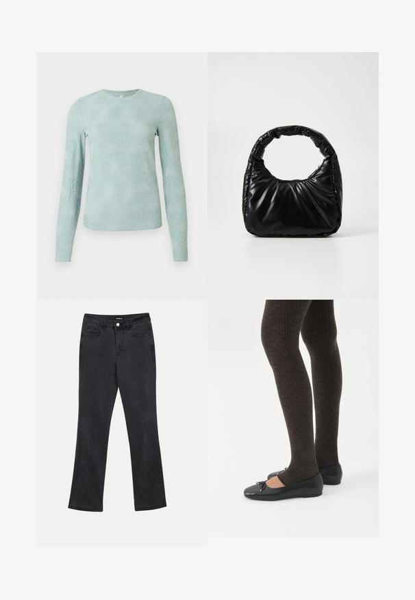 Lyseblå langærmet skjorte med struktureret blomsterdesign, rund halsudskæring og figursyet snit. Fremstillet af blødt, elastisk stof.; Sorte lige ben jeans med front- og baglommer, bæltestropper og knaplukning i taljen.; Ben iført mørke ribbede leggings kombineret med sorte balletsko med små sløjfedetaljer på hvid baggrund.; Sort polstret håndtaske med et rundt håndtag, der har en glat, skinnende overflade og en blød, kviltet tekstur. Ingen synlige hardware eller accenter.