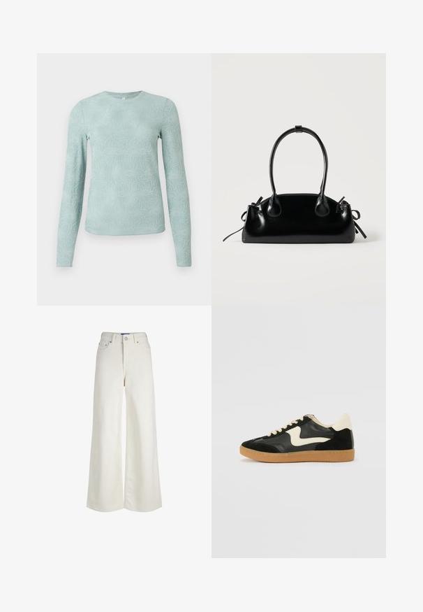 Lyseblå langærmet skjorte med struktureret blomsterdesign, rund halsudskæring og figursyet snit. Fremstillet af blødt, elastisk stof.; Høj talje, vidde ben, hvide denimjeans med forreste knap- og lynlås-lukning, bæltestropper og lommedetaljer.; Sorte ruskinds- og lædersneakers med en cremefarvet side-swoosh og lys cremefarvet hæl. Har beige snørebånd og en gummirubber-sål.; Lille sort blank håndtaske med to lange håndtag og snøre-detaljer i siden på en ensfarvet lys baggrund.