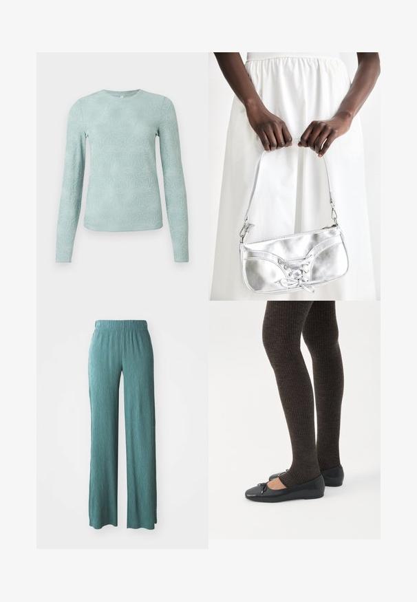 Chemise à manches longues bleu clair avec motif floral texturé, col rond et coupe ajustée. Fabriquée en tissu doux et extensible.; Pantalons large en teal clair, fabriqués en tissu texturé avec une taille élastique, présentant une coupe décontractée et droite.; Jambes portant des leggings côtelés foncés associés à des ballerines noires avec de petits détails en nœud sur fond blanc.; Sac à main en métal argenté avec un détail à lacets, arborant un design épuré et une courte sangle. Le sac est tenu dans les mains, mettant en valeur sa texture.