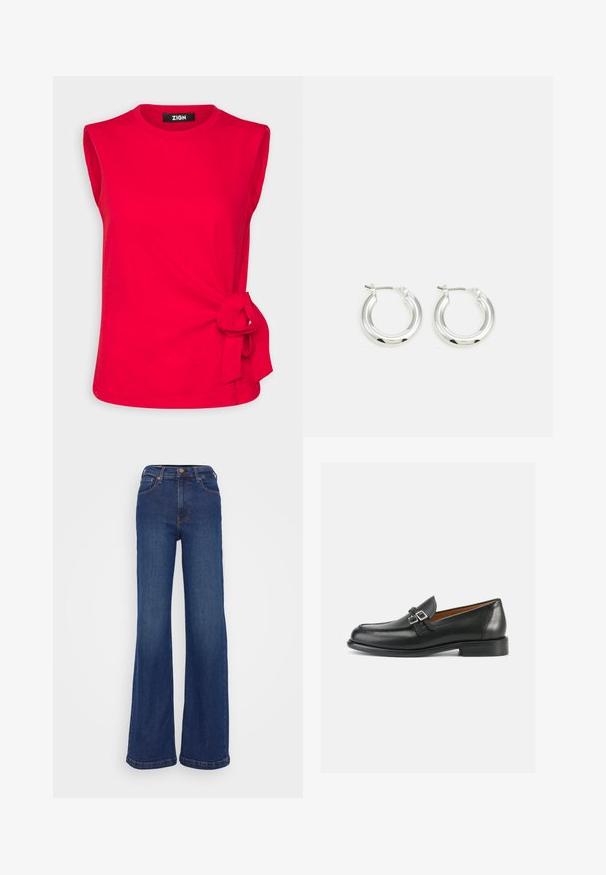 Zign Camiseta estampada - red; Pantalones vaqueros de pierna ancha fabricados en denim azul oscuro. Presentan una cintura alta, diseño de cinco bolsillos y costuras sutiles en las costuras.; Mocasines de cuero negro con un diseño bordado, con un detalle de doble hebilla y un tacón ligeramente elevado para añadir altura.; Pendientes de aro de plata con un acabado pulido, que presentan una forma circular y un cierre de gancho. Textura suave con detalles mínimos.