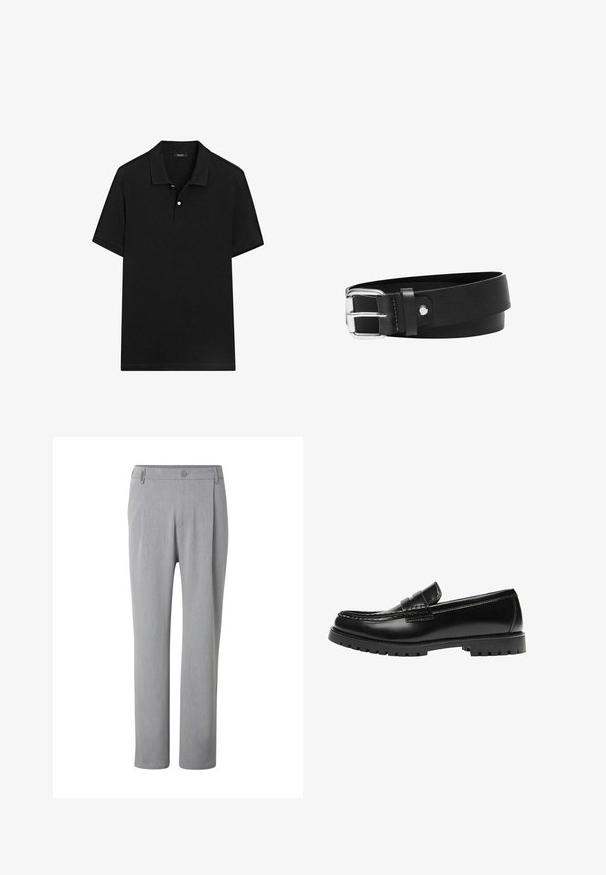 Sort kortærmet poloshirt med krave og toknapslukning, vist fladt på en hvid baggrund.; Lysegrå bukser med lige ben, knap og bæltestropper, vist forfra mod en hvid baggrund.; Sort læderloafer med en kraftig gummisål og klassiske penny-strap detaljer, vist fra ydersiden.; Sort læderbælte med en glat tekstur og en skinnende sølv metalspænde. Har et klassisk design med en enkelt takker og en trykknaplås.