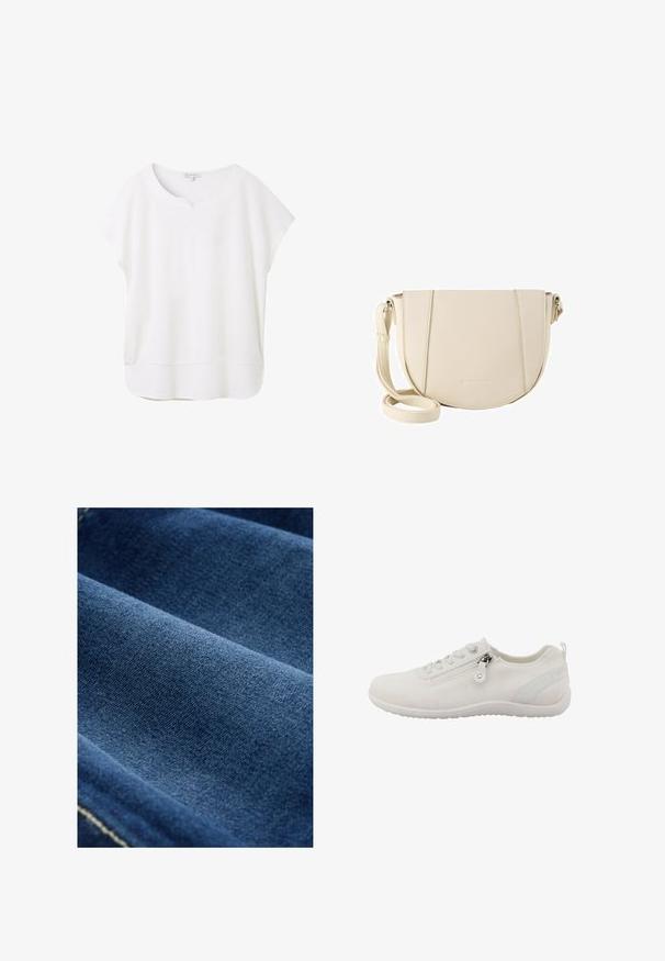 Weiße Bluse mit kurzen Ärmeln aus weichem Stoff. Sie hat einen runden Ausschnitt mit einem kleinen Schlitz und einen leicht geschwungenen Saum für eine entspannte Passform.; Dunkelblauer Denim-Stoff mit glatter Textur, sichtbarem Gewebe und subtiler Dehnung. Verfügt über schwache Nähte entlang der Kanten.; Weißer Sportschuh aus atmungsaktivem Mesh-Material. Verfügt über einen Reißverschluss, eine strukturierte Oberseite und eine flexible Gummisohle.; Umhängetasche aus strukturiertem, cremefarbenem Kunstleder, halbkreisförmige Form, verstellbarer Riemen, minimalistische Nähte und dezentes Branding am Boden.