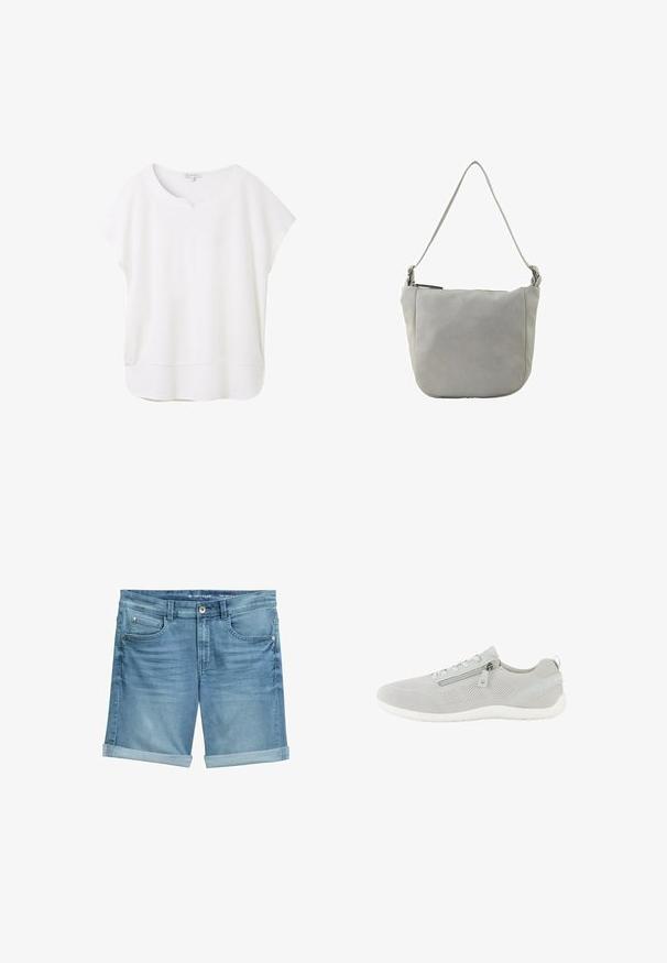 Witte blouse met korte mouwen, gemaakt van zachte stof. Heeft een ronde halslijn met een kleine uitsparing en een licht gebogen zoom voor een ontspannen pasvorm.; Leren denim shorts in lichtblauw met een vervaagde afwerking, met opgerolde pijpen, een vijf-pocket ontwerp en een metalen knoopsluiting bij de taille.; Lichtgrijze sneakers van mesh met een rits aan de zijkant, vetersluiting, witte zool en een trekriempje bij de hiel, gezien van de linkerzijzijde.; Grijze leren schoudertas met een gladde textuur, gebogen vorm, verstelbare schouderriem en ritssluiting aan de bovenkant. Heeft een minimalistisch ontwerp zonder versieringen.