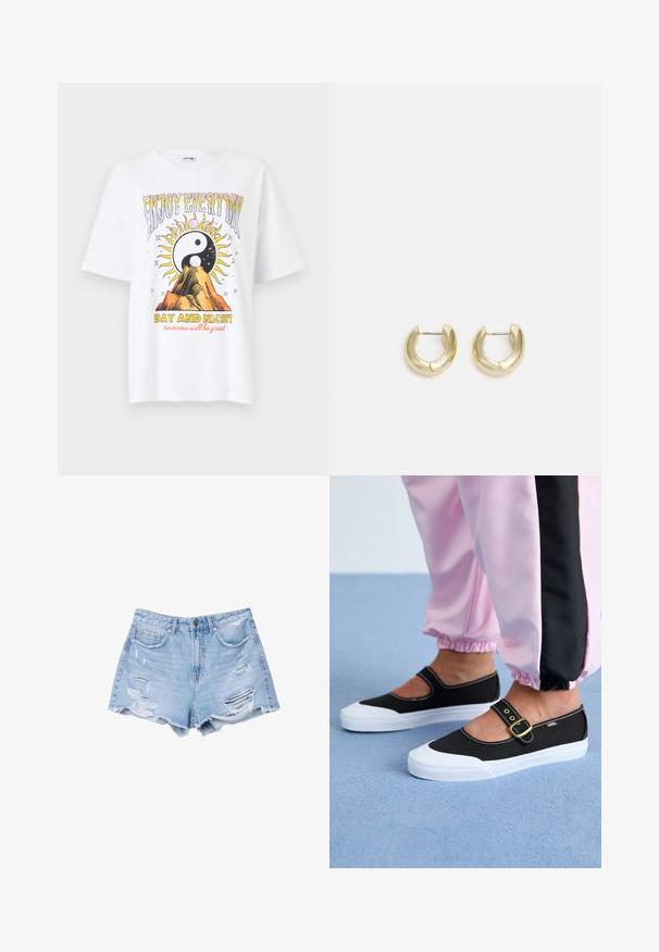 Hvid bomulds T-shirt med tryk af en sol og bjerg samt teksten "NYD HVER DAG" og "DAG OG NAT" i farverige, fed skrift.; Lyseblå denimshorts med frynsetkant og slidte detaljer, med forlommer og knaplukning.; Sorte lærredssko med en hvid sål, der har et udskæringsdesign og et guldspænde. Bæret med lyserøde træningsbukser.; Guld-tone hoop øreringe med en glat, poleret overflade. Har en halvcirkelform og en sikker stiftlukning.