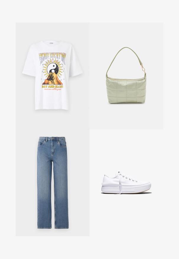 Hvid bomulds T-shirt med tryk af en sol og bjerg samt teksten "NYD HVER DAG" og "DAG OG NAT" i farverige, fed skrift.; Højtaljede blå denim jeans med lige ben. Har klassisk fem-lomme design og subtil udblegning på forsiden.; Hvid lavt snørestøvle med tyk plateau-sål, snørelukning foran og gummiforstærket tåkap, set i sideprofil.; Polstret grøn skuldertaske med blød tekstur, rektangulær form, enkelt strop og lynlås i guldtoner. Har et quiltet mønster.
