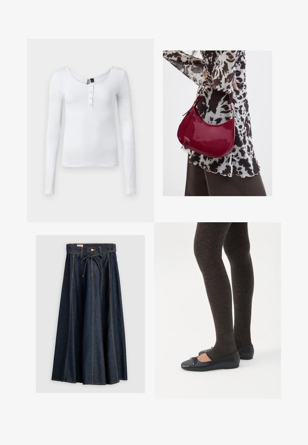 Haut à manches longues blanc en côtes avec un décolleté en forme de scoop et quatre boutons sur le devant. Le tissu a une texture lisse et un design ajusté.; Levi's® XL SKIRT - Jupe en jean - square circle; Jambes portant des leggings côtelés foncés associés à des ballerines noires avec de petits détails en nœud sur fond blanc.; Femme portant un chemisier à motif noir et blanc tenant un sac à main rouge brillant sur un fond uni.