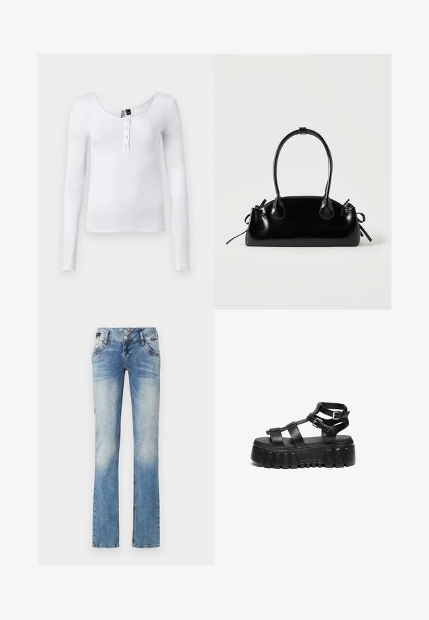 Weißes langärmliges, geripptes Oberteil mit Rundhalsausschnitt und vier Knöpfen auf der Vorderseite. Der Stoff hat eine glatte Textur und eine figurbetonte Passform.; Helleblaue Denim-Jeans mit geradem Bein, ausgestattet mit einem Fünf-Knopf-Verschluss, Fronttaschen und dezenten Ausbleichungen.; Schwarze Plateausandalen verfügen über geschichtete Riemen und Schnallenakzente, mit einer klobigen, strukturierten Sohle und einem glatten Fußbett-Design.; Kleine schwarze glänzende Handtasche mit zwei langen Griffen und seitlichen Kordelzug-Details vor einfachem hellem Hintergrund.