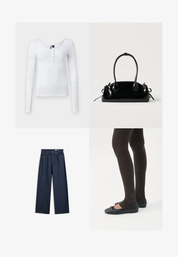 Hvid langærmet ribbet top med scoop-neck og fire knapper foran. Stoffet har en glat tekstur og en tætsiddende pasform.; Bredde ben mørke denimjeans med fem lommer, synlig syning og knaplukning. Har en lige pasform og let slid.; Ben iført mørke ribbede leggings kombineret med sorte balletsko med små sløjfedetaljer på hvid baggrund.; Lille sort blank håndtaske med to lange håndtag og snøre-detaljer i siden på en ensfarvet lys baggrund.