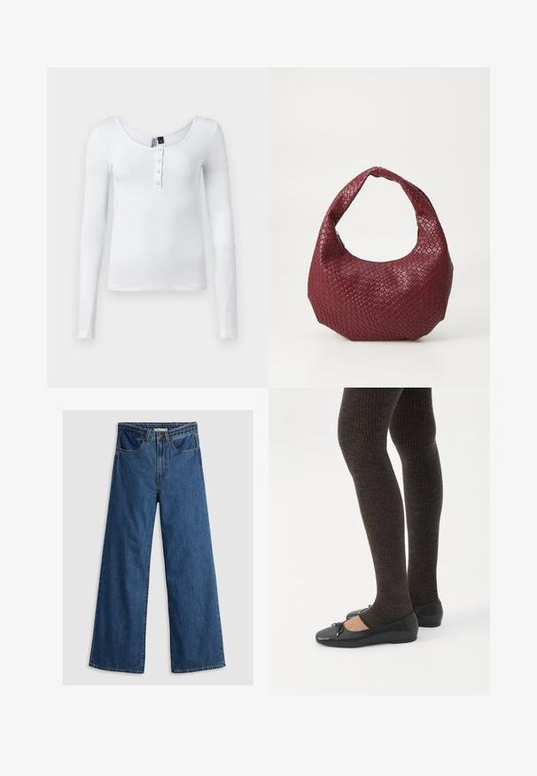 Hvid langærmet ribbet top med scoop-neck og fire knapper foran. Stoffet har en glat tekstur og en tætsiddende pasform.; Bredde ben blå denim jeans med høj talje, der har et klassisk fem-lomme design og en tekstureret taljebånd.; Ben iført mørke ribbede leggings kombineret med sorte balletsko med små sløjfedetaljer på hvid baggrund.; Vævet bordeaux håndtaske med en rund silhuet, et enkelt håndtag og en tekstureret overflade. Lynlåslukning øverst.