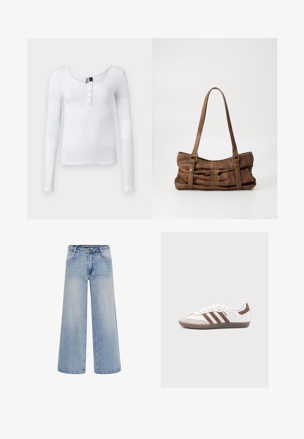 Hvid langærmet ribbet top med scoop-neck og fire knapper foran. Stoffet har en glat tekstur og en tætsiddende pasform.; Lyseblå brede jeans med høj talje, fem lommer og kontrastsyninger. Fremstillet af denim med en glat tekstur.; Hvid Adidas Samba sneaker med brune ruskindstriber, brun ruskindstå og gummisål på en lys grå baggrund.; Even&Odd Håndtasker - brown