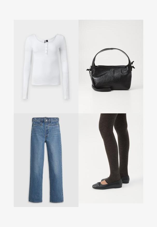 Haut à manches longues blanc en côtes avec un décolleté en forme de scoop et quatre boutons sur le devant. Le tissu a une texture lisse et un design ajusté.; Jeans droit bleu clair en denim. Comprend une fermeture à bouton, cinq poches et un léger délavage. Pas d'ornements ni de motifs.; Jambes portant des leggings côtelés foncés associés à des ballerines noires avec de petits détails en nœud sur fond blanc.; Sac à main en cuir noir au design structuré, avec une poignée arrondie et une bandoulière amovible. Présente une texture lisse et un éclat subtil.
