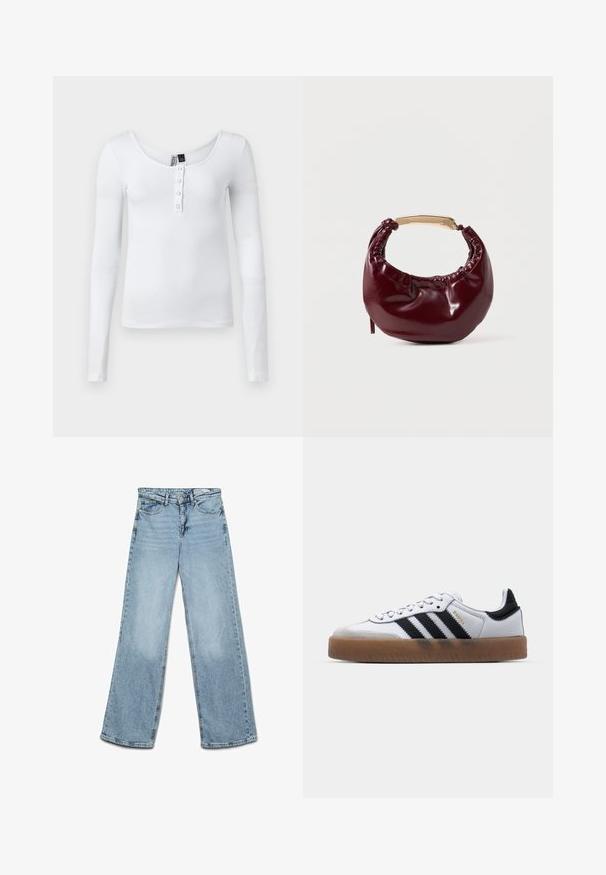 Blusa blanca de manga larga y tejido acanalado con escote en forma de barco y cuatro botones en el frente. La tela tiene una textura suave y un diseño ajustado.; Vaqueros de tiro alto y pierna ancha en color azul claro, con cierre de botón y cremallera, bolsillos delanteros y traseros, y trabillas para cinturón.; Zapatillas de cuero blancas con rayas negras, suela de goma, puntera redonda, cierre de cordones y caperuza de ante gris suave.; Bolso de mano de piel sintética burdeos con forma redondeada, detalles fruncidos y un asa de metal dorado. Textura suave y acabado brillante.