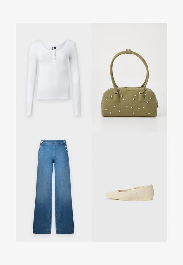 Witte langarm ribgebreide top met een ronde halslijn en vier knopen aan de voorkant. De stof heeft een gladde textuur en een getailleerd ontwerp.; Brede blauwe denim broek met een hoge taille, knoopaccenten aan de zijkant en een schone zoom. De stof heeft een gladde textuur met een lichte vervaging.; Beige ballerina's met een gladde leren buitenkant, amandelvormige punt en elastische band over de wreef, met subtiele stiksels.; Olijfgroen faux suede handtas met zilveren ster en stud versieringen. Voorzien van twee korte handvatten en een ritssluiting aan de bovenkant.