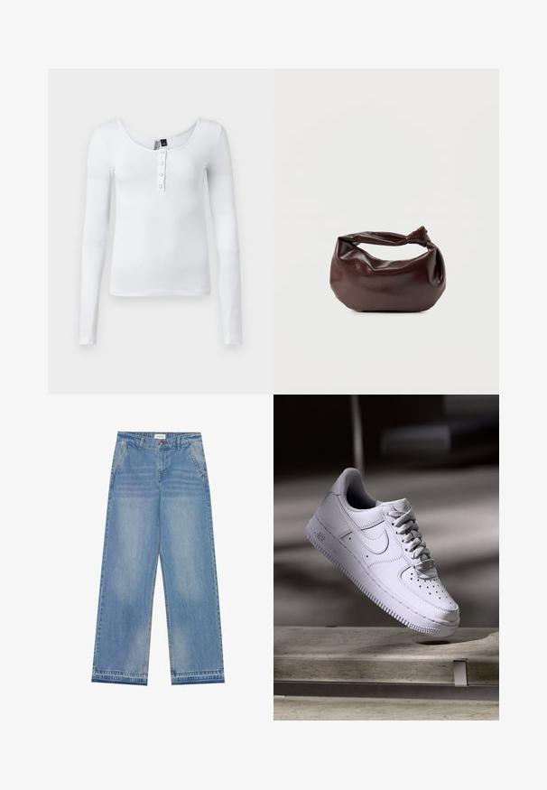 Hvid langærmet ribbet top med scoop-neck og fire knapper foran. Stoffet har en glat tekstur og en tætsiddende pasform.; Lyseblå højtaljede wide-leg jeans med knaplukning, frontlommer, bæltestropper og diskret falmet detaljer.; Hvid Nike Air Force 1 sneaker svævende over en betonoverflade med skygger i et minimalistisk miljø.; Mørkebrun læder skuldertaske med en blød, afslappet form og et snoet knudehåndtag på en ensartet hvid baggrund.