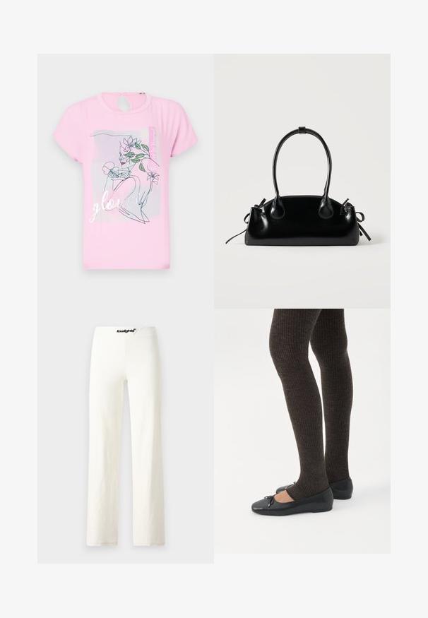 T-shirt rose à manches courtes avec un motif floral et le mot "glowed" en argent. Détail en forme de découpe circulaire à l'arrière. Texture douce et lisse.; Pantalons larges en coton blanc avec une texture lisse, présentant une taille avec un logo noir et un design simple et minimaliste.; Jambes portant des leggings côtelés foncés associés à des ballerines noires avec de petits détails en nœud sur fond blanc.; Petit sac à main noir brillant avec deux longues anses et des détails à cordon sur les côtés sur un fond clair uni.