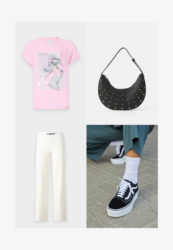 T-shirt rose à manches courtes avec un motif floral et le mot "glowed" en argent. Détail en forme de découpe circulaire à l'arrière. Texture douce et lisse.; Pantalons larges en coton blanc avec une texture lisse, présentant une taille avec un logo noir et un design simple et minimaliste.; Baskets en suède noir avec des accents et des lacets blancs, présentant une épaisse semelle blanche et des coutures contrastantes, associées à une chaussette blanche.; Sac à main en cuir noir avec une forme arrondie, orné de clous en argent, doté d'une fermeture éclair et d'une seule sangle ajustable.