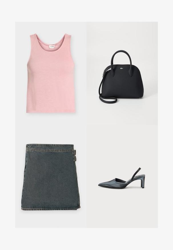 Débardeur en maille côtelée rose clair sans manches avec encolure ronde et petite étiquette intérieure au dos.; Jupe en denim bleu foncé avec une surface texturée, dotée de deux boucles latérales et d'un ourlet droit. Coutures visibles le long des bords.; Escarpin noir à bride arrière avec un bout pointu, une finition satinée élégante et un talon fin de 7,5 cm. Design latéral ouvert avec des détails de couture minimalistes.; Sac à main noir en matériau texturé, doté de deux poignées supérieures et d'une bandoulière amovible, avec un accent logo en argent.