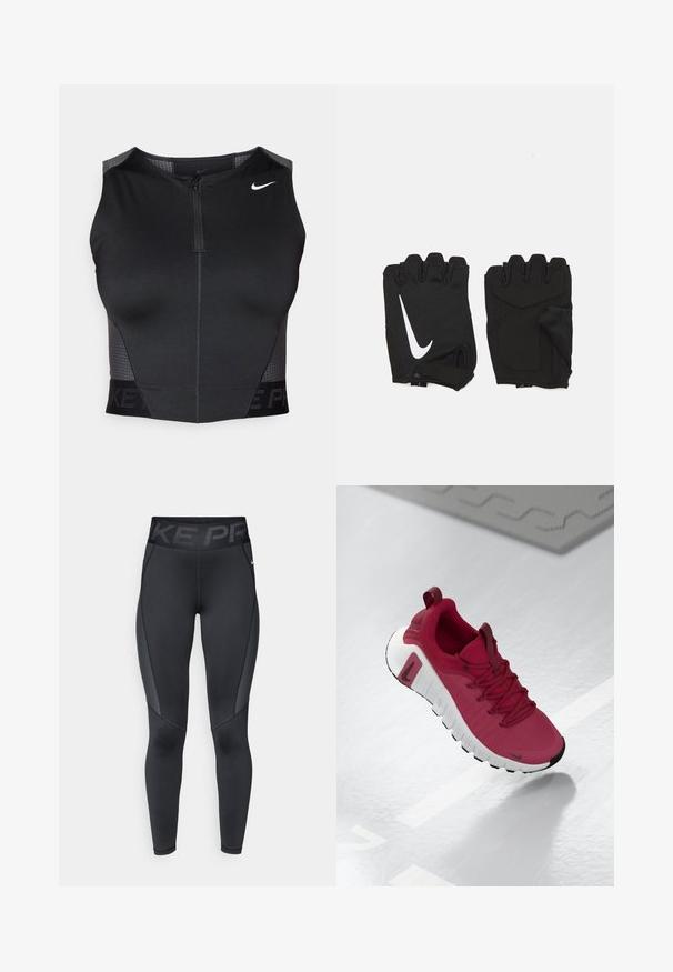 Zwarte atletische crop top met ritssluiting, gestructureerde schouderpanelen en een bedrukt merklogo. Gemaakt van rekbare, ademende stof.; Zwarte sportleggingen met een gestructureerd zijpaneel, hoge elastische tailleband met "NIKE PRO"-branding en een aansluitend ontwerp.; Rode sportieve schoen met een gestructureerde bovenlaag, veters en een dikke witte zool. Heeft een contrasterende zwarte neuskap en een logo aan de zijkant.; Zwarte vingerloze fitnesshandschoenen van ademend materiaal, met een wit Nike-logo, gevoerde handpalmen en een open polsontwerp voor flexibiliteit.